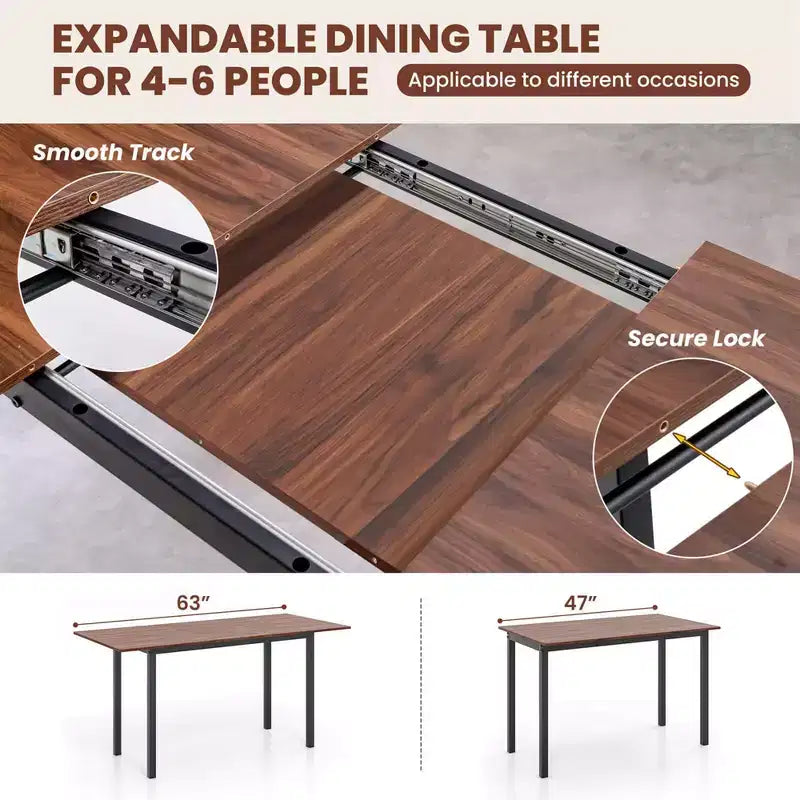 Costway 3 Piece Dining Table Set for 4-6 63Kitchen Table with 2 Benches Metal Frame Black/Walnut