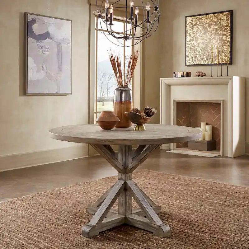 Table à manger ronde rustique avec piètement en X — Chêne gris antique | 4 tailles