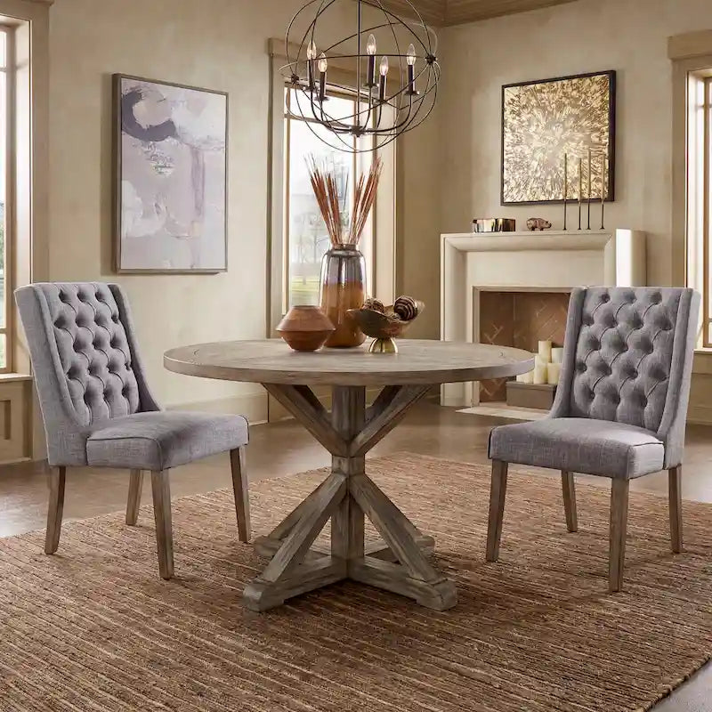 Table à manger ronde rustique avec piètement en X — Chêne gris antique | 4 tailles