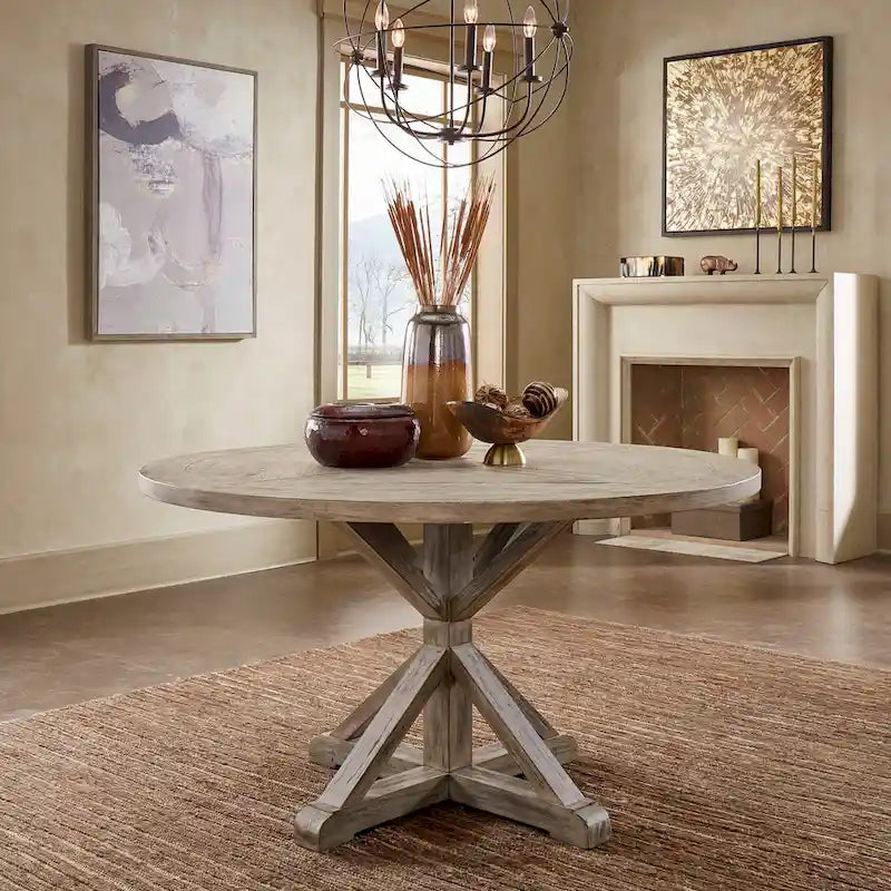 Table à manger ronde rustique avec piètement en X — Chêne gris antique | 4 tailles