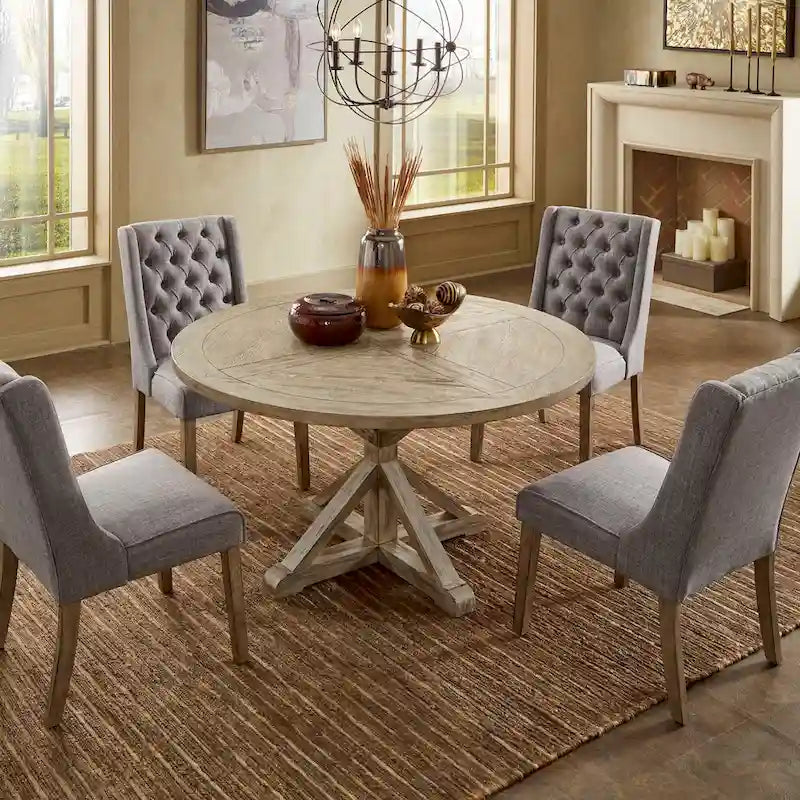Table à manger ronde rustique avec piètement en X — Chêne gris antique | 4 tailles