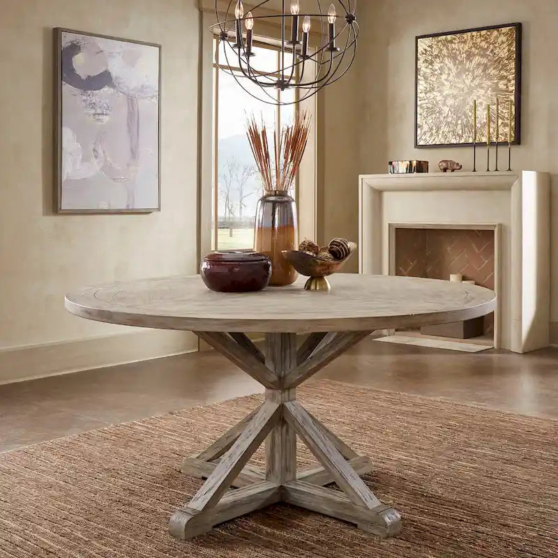 Table à manger ronde rustique avec piètement en X — Chêne gris antique | 4 tailles