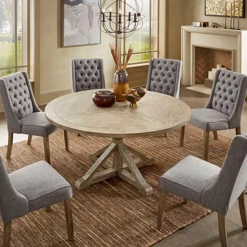 Table à manger ronde rustique avec piètement en X — Chêne gris antique | 4 tailles