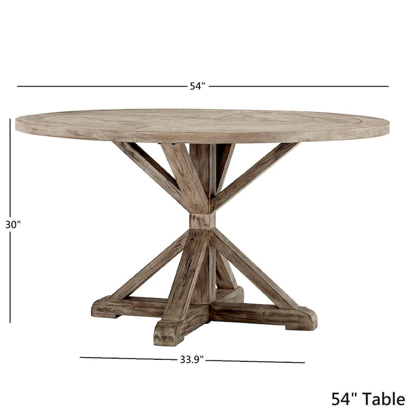 Table à manger ronde rustique avec piètement en X — Chêne gris antique | 4 tailles