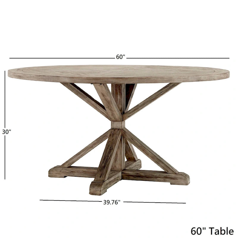 Table à manger ronde rustique avec piètement en X — Chêne gris antique | 4 tailles