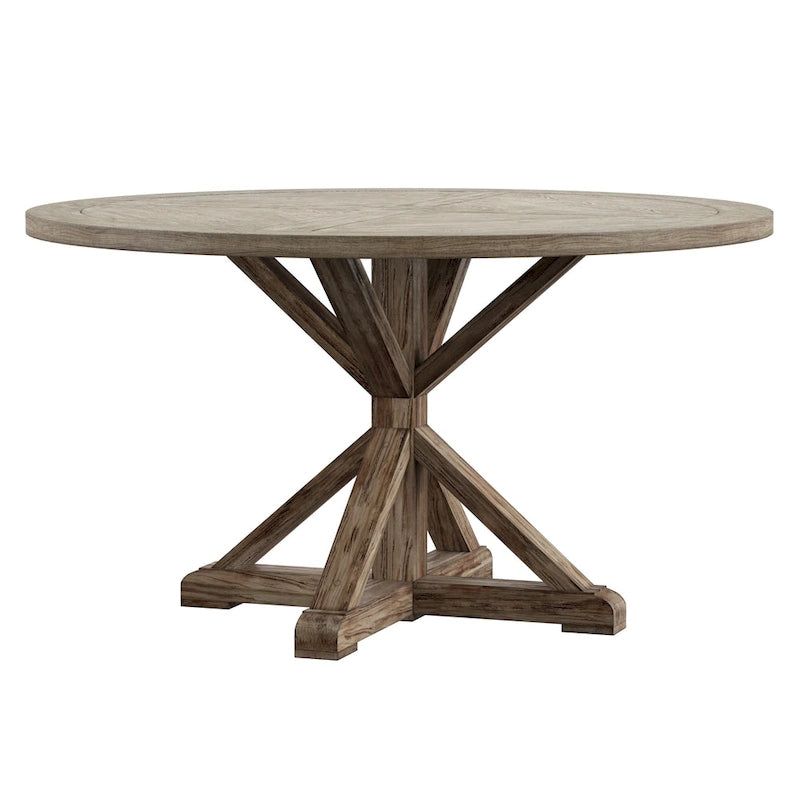 Table à manger ronde rustique avec piètement en X — Chêne gris antique | 4 tailles