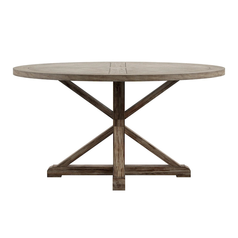 Table à manger ronde rustique avec piètement en X — Chêne gris antique | 4 tailles