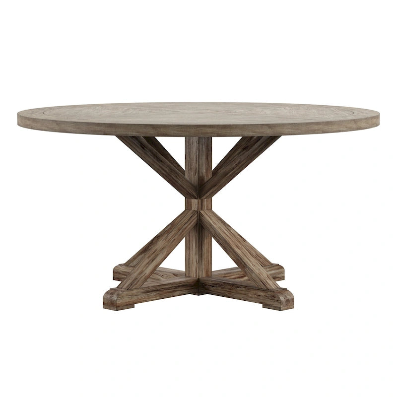 Table à manger ronde rustique avec piètement en X — Chêne gris antique | 4 tailles