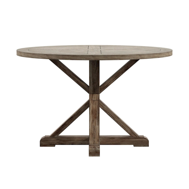 Table à manger ronde rustique avec piètement en X — Chêne gris antique | 4 tailles