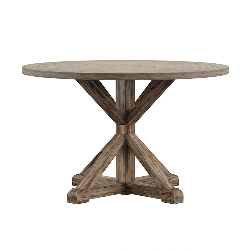 Table à manger ronde rustique avec piètement en X — Chêne gris antique | 4 tailles