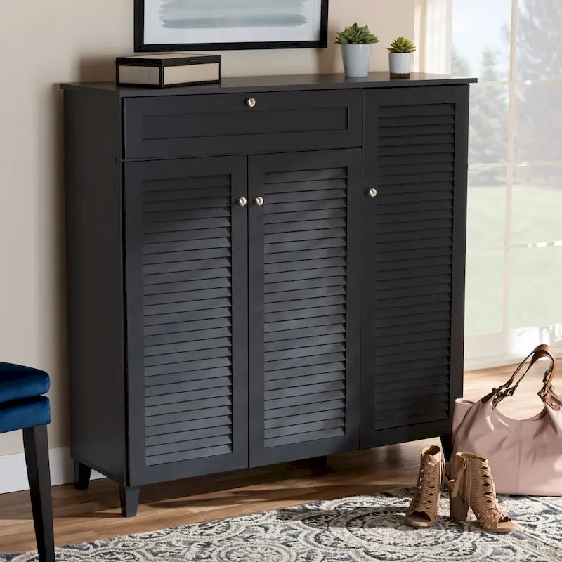 Baxton Studio Contemporary 11-shelf Wood Shoe Storage Cabinet with Drawer