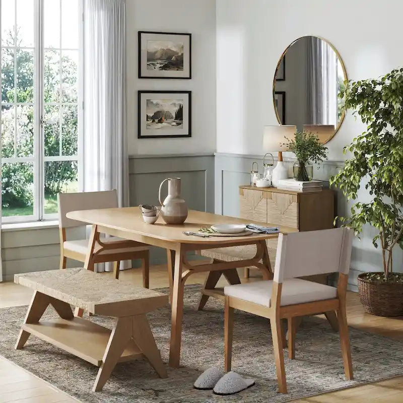 Banc bohème en herbe de mer tissée à la main avec rangement pour chaussures et cadre en bois massif