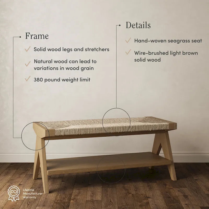 Banc bohème en herbe de mer tissée à la main avec rangement pour chaussures et cadre en bois massif