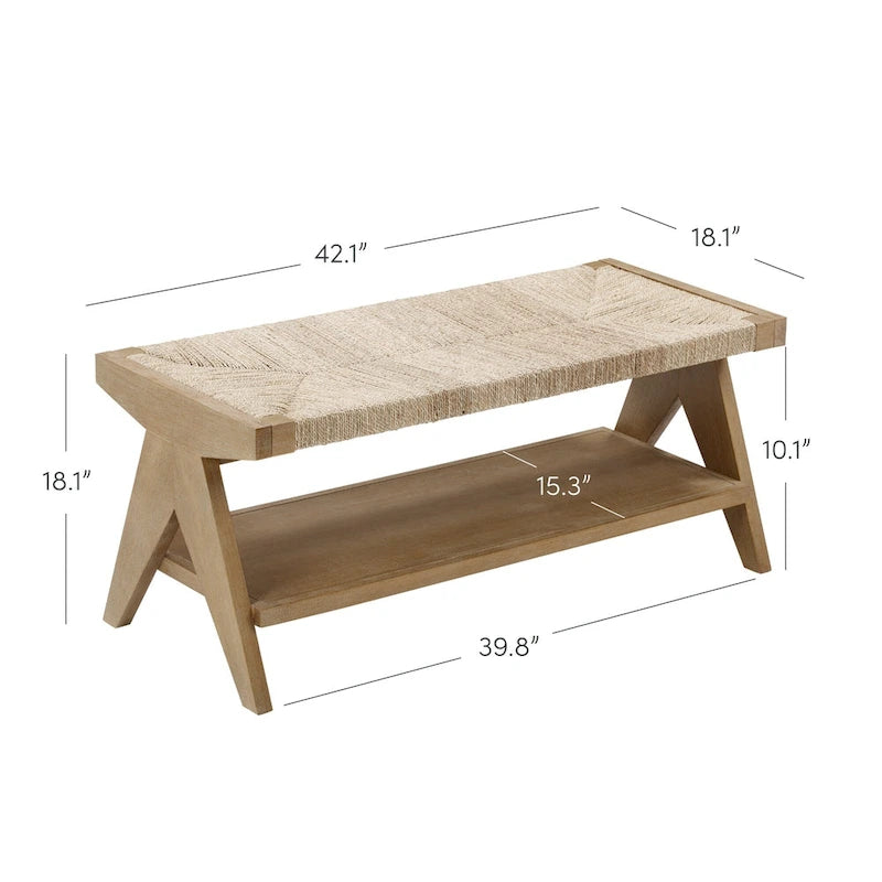 Banc bohème en herbe de mer tissée à la main avec rangement pour chaussures et cadre en bois massif