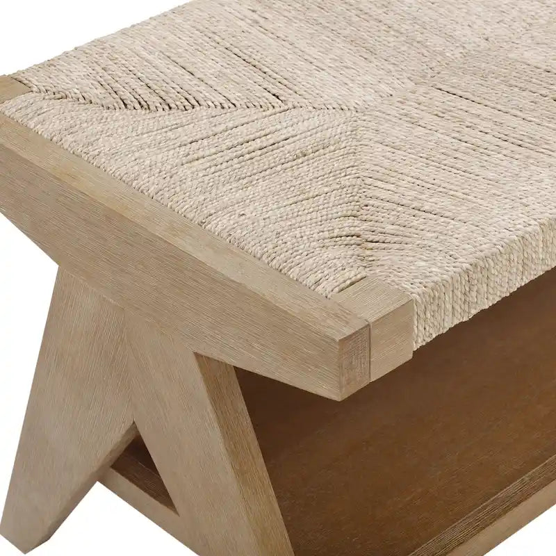 Banc bohème en herbe de mer tissée à la main avec rangement pour chaussures et cadre en bois massif