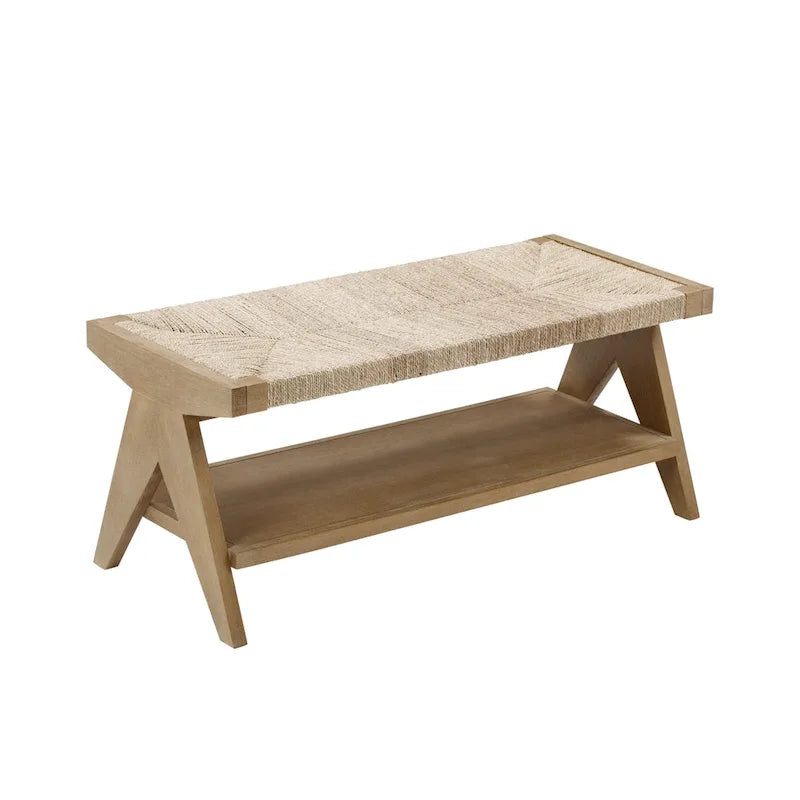 Banc bohème en herbe de mer tissée à la main avec rangement pour chaussures et cadre en bois massif