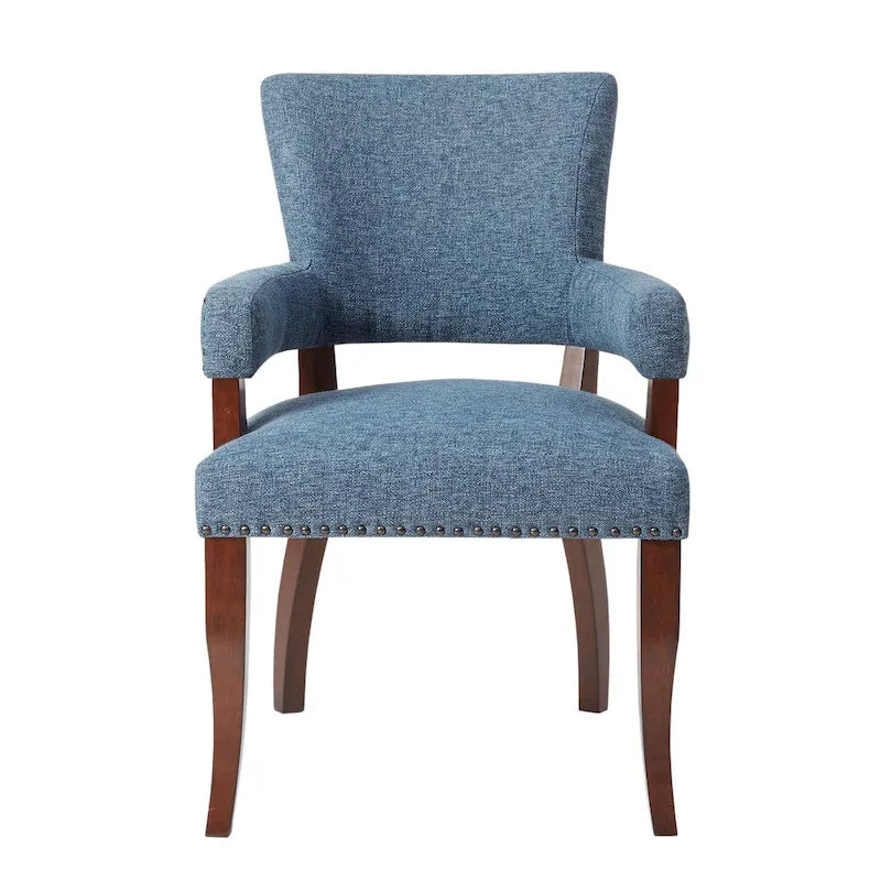 Chaise de salle à manger transitionnelle avec accoudoirs, clous décoratifs et cadre en hévéa