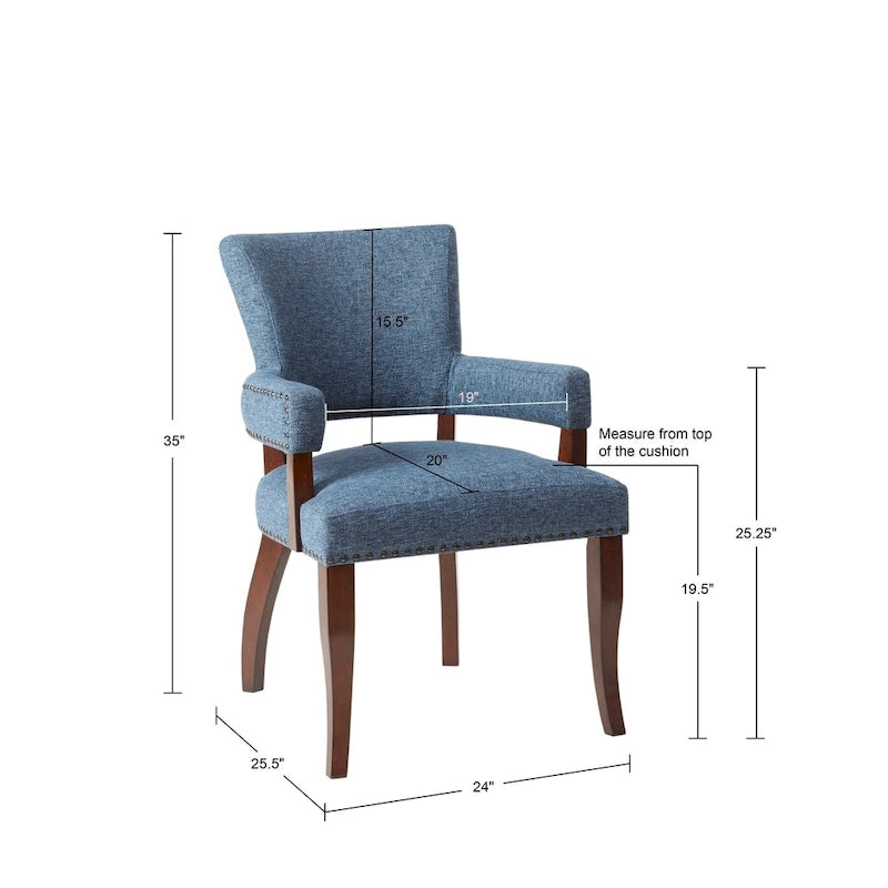 Chaise de salle à manger transitionnelle avec accoudoirs, clous décoratifs et cadre en hévéa