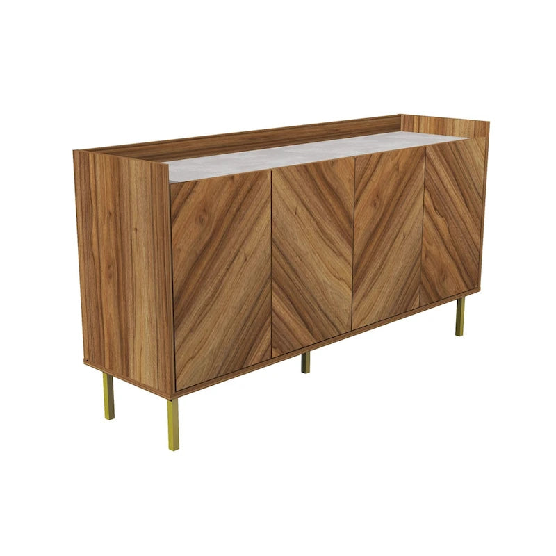 Buffet console à plateau en pierre avec pieds dorés et rangement à 4 portes
