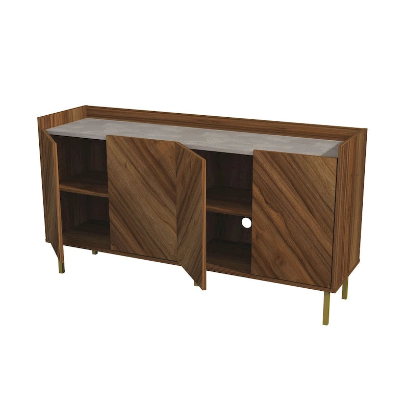 Buffet console à plateau en pierre avec pieds dorés et rangement à 4 portes