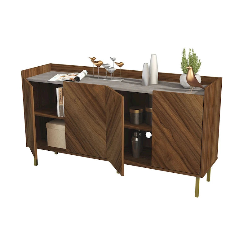 Buffet console à plateau en pierre avec pieds dorés et rangement à 4 portes