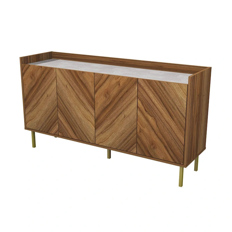 Buffet console à plateau en pierre avec pieds dorés et rangement à 4 portes