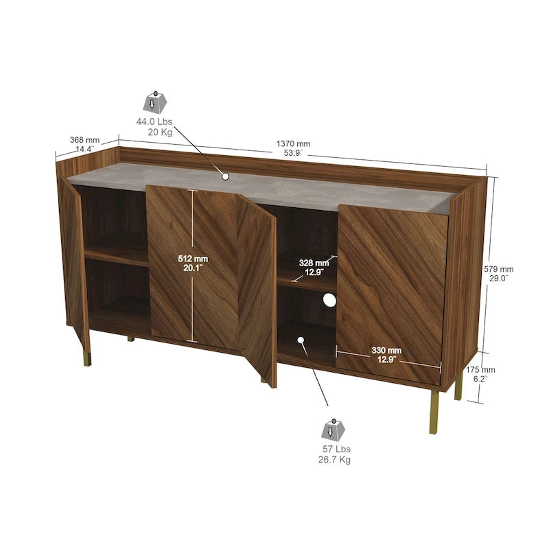 Buffet console à plateau en pierre avec pieds dorés et rangement à 4 portes