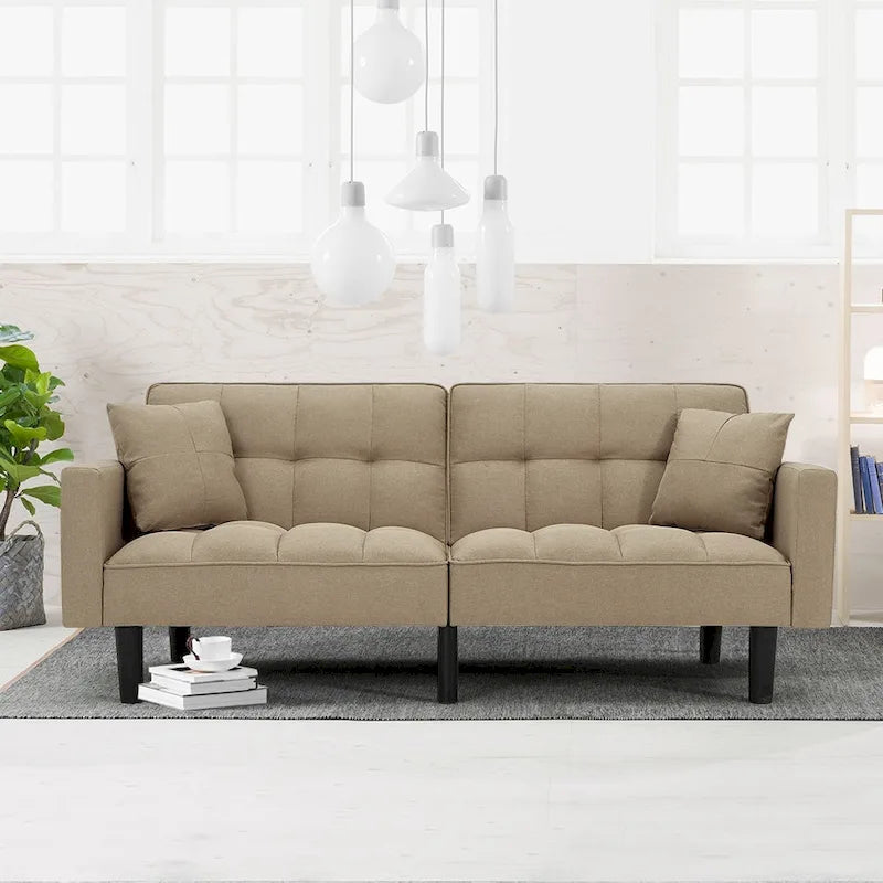 Canapé futon convertible avec dossier réglable, poches latérales et 2 oreillers