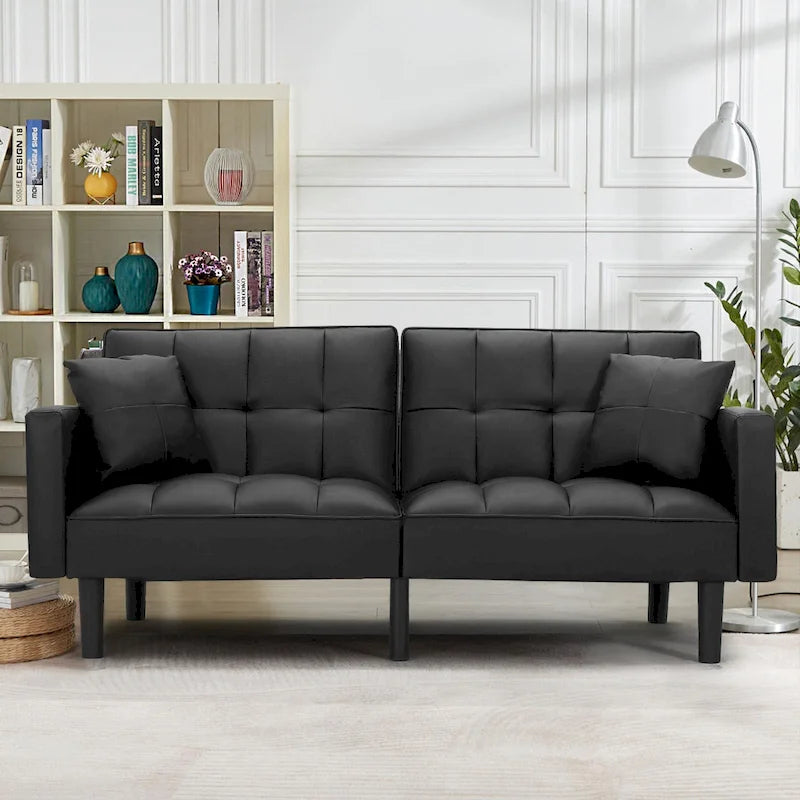 Canapé futon convertible avec dossier réglable, poches latérales et 2 oreillers