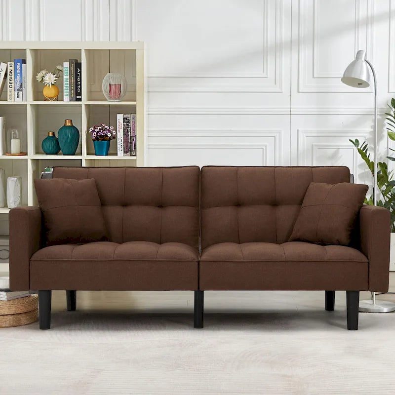 Canapé futon convertible avec dossier réglable, poches latérales et 2 oreillers