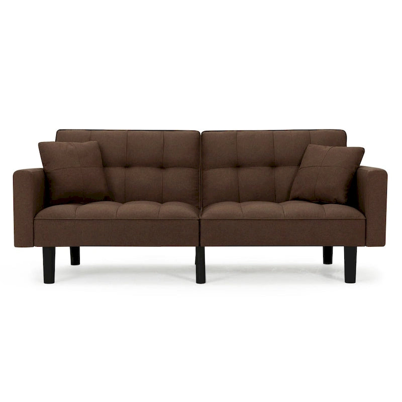 Canapé futon convertible avec dossier réglable, poches latérales et 2 oreillers