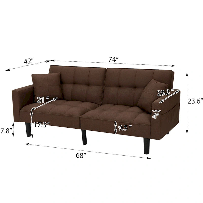 Canapé futon convertible avec dossier réglable, poches latérales et 2 oreillers