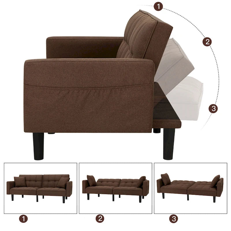 Canapé futon convertible avec dossier réglable, poches latérales et 2 oreillers