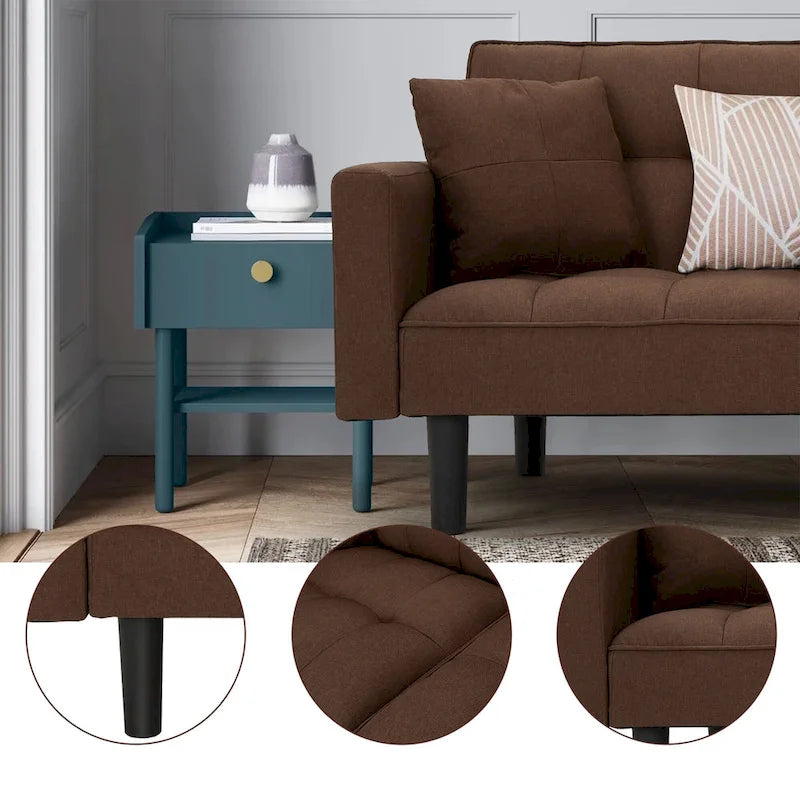 Canapé futon convertible avec dossier réglable, poches latérales et 2 oreillers