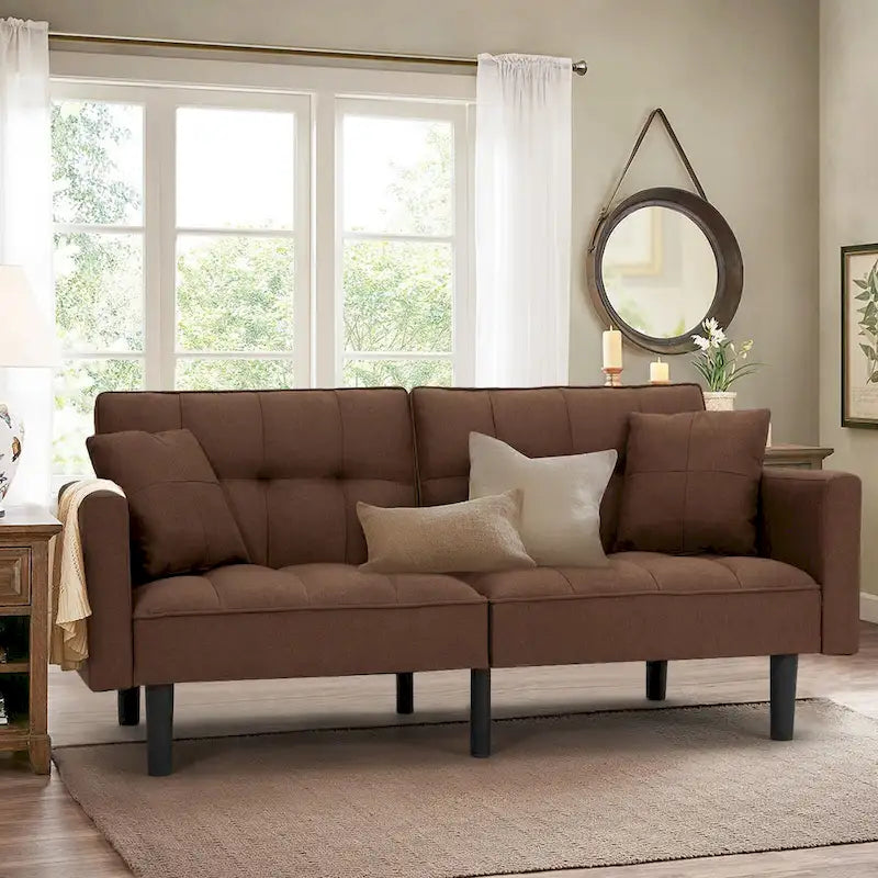 Canapé futon convertible avec dossier réglable, poches latérales et 2 oreillers