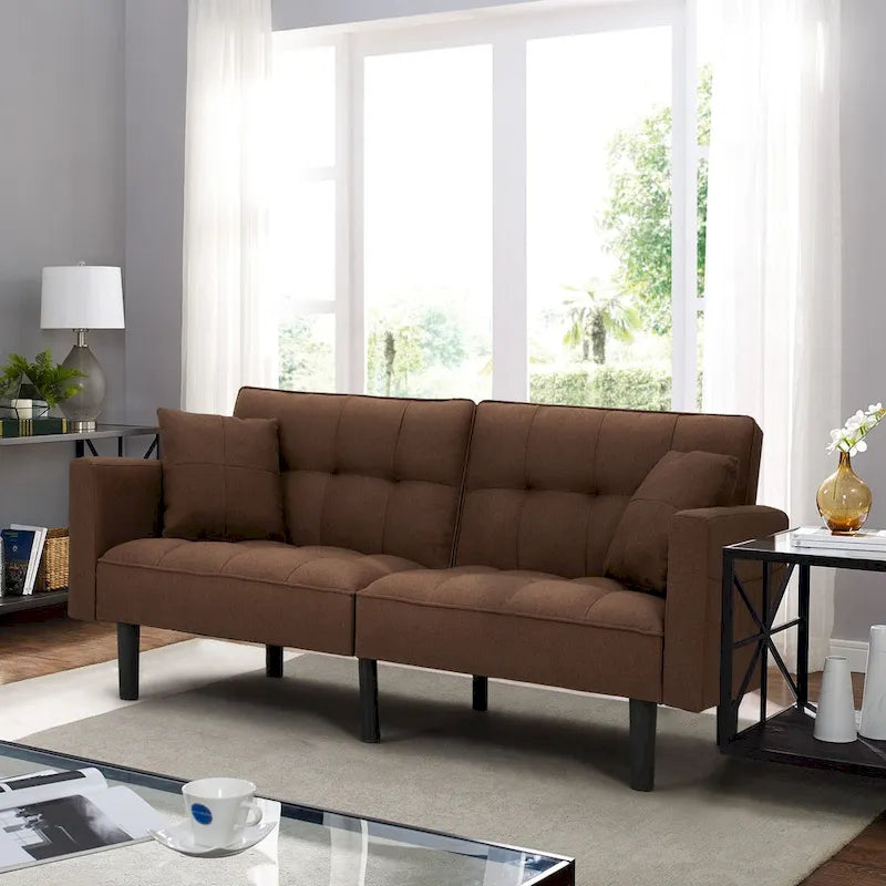 Canapé futon convertible avec dossier réglable, poches latérales et 2 oreillers
