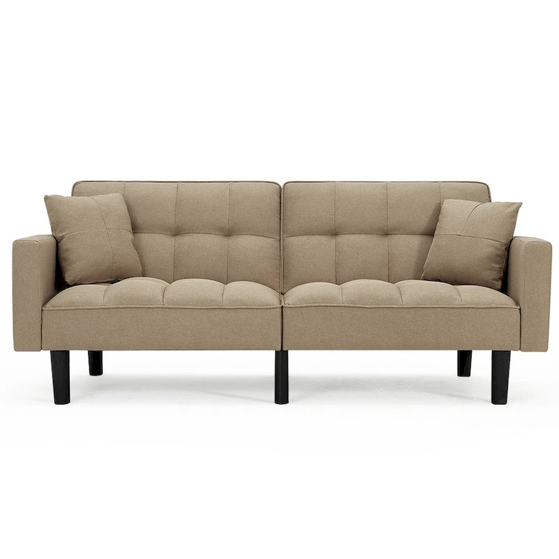 Canapé futon convertible avec dossier réglable, poches latérales et 2 oreillers