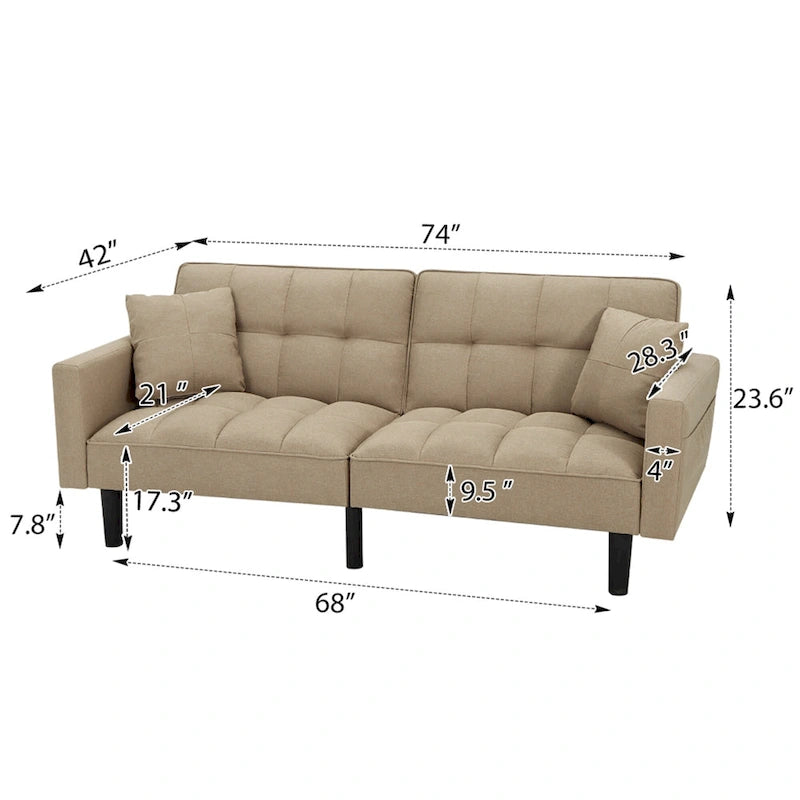 Canapé futon convertible avec dossier réglable, poches latérales et 2 oreillers