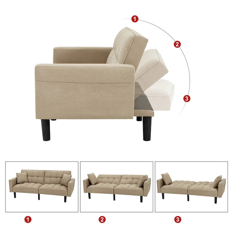 Canapé futon convertible avec dossier réglable, poches latérales et 2 oreillers