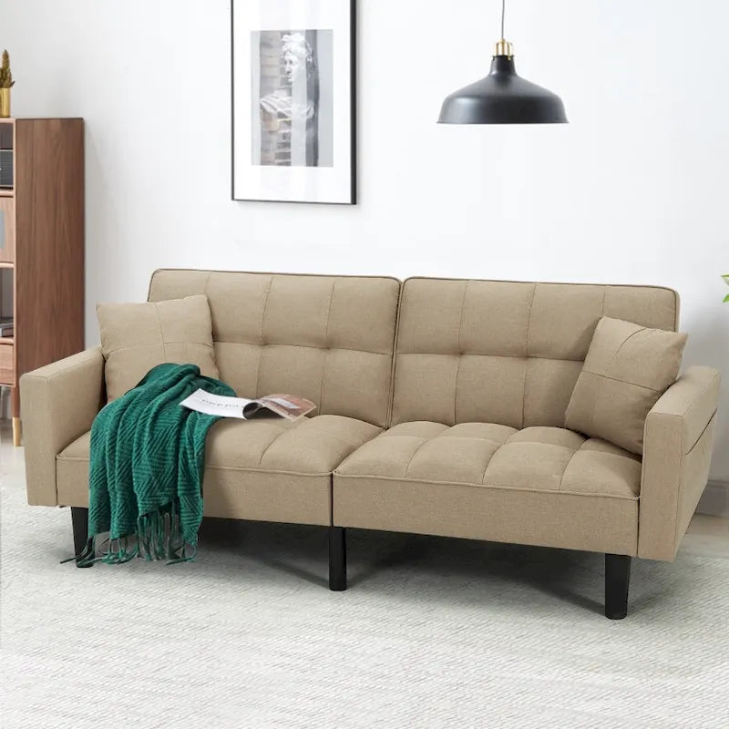 Canapé futon convertible avec dossier réglable, poches latérales et 2 oreillers