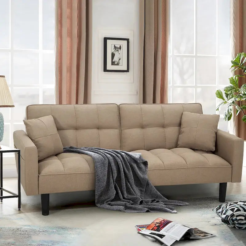 Canapé futon convertible avec dossier réglable, poches latérales et 2 oreillers