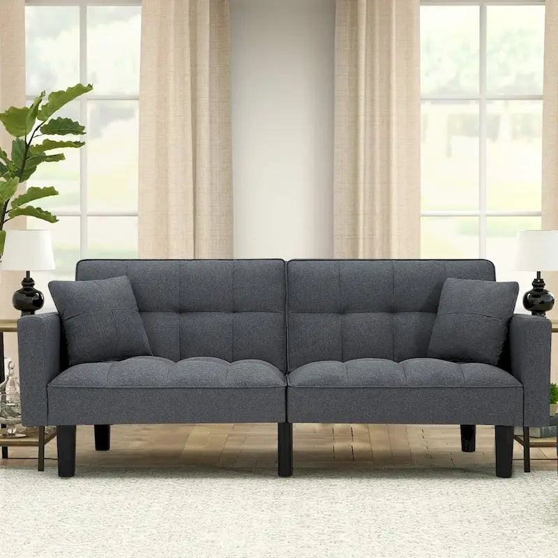 Canapé futon convertible avec dossier réglable, poches latérales et 2 oreillers