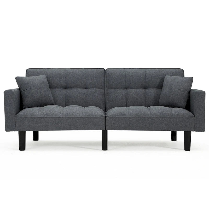 Canapé futon convertible avec dossier réglable, poches latérales et 2 oreillers