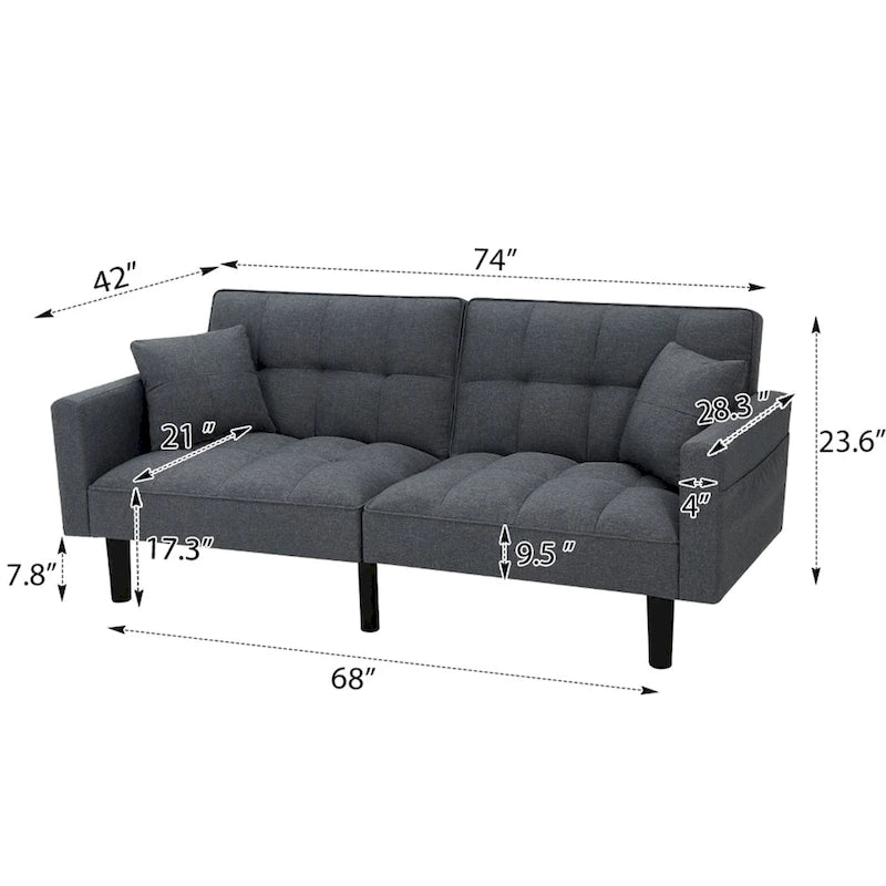 Canapé futon convertible avec dossier réglable, poches latérales et 2 oreillers