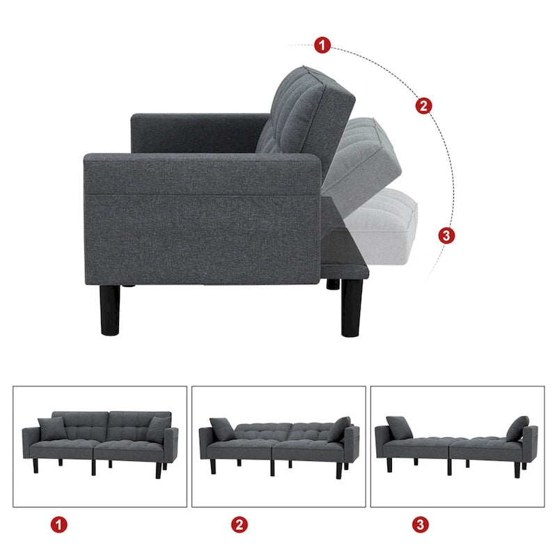 Canapé futon convertible avec dossier réglable, poches latérales et 2 oreillers