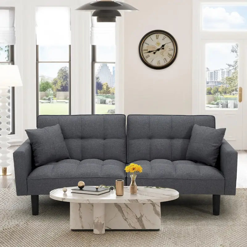 Canapé futon convertible avec dossier réglable, poches latérales et 2 oreillers