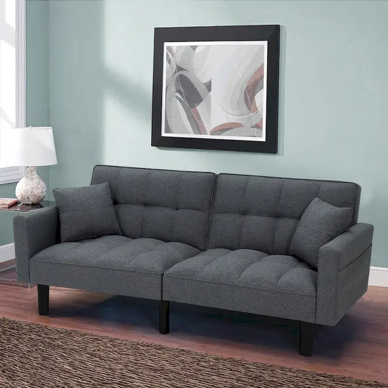 Canapé futon convertible avec dossier réglable, poches latérales et 2 oreillers