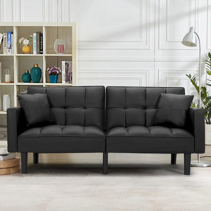 Canapé futon convertible avec dossier réglable, poches latérales et 2 oreillers