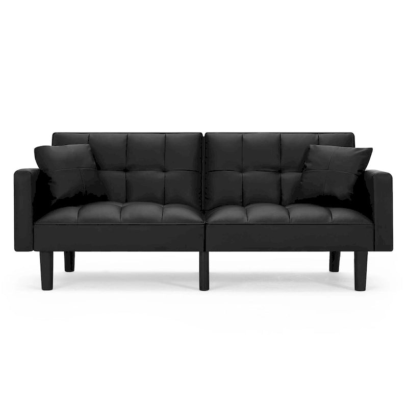 Canapé futon convertible avec dossier réglable, poches latérales et 2 oreillers
