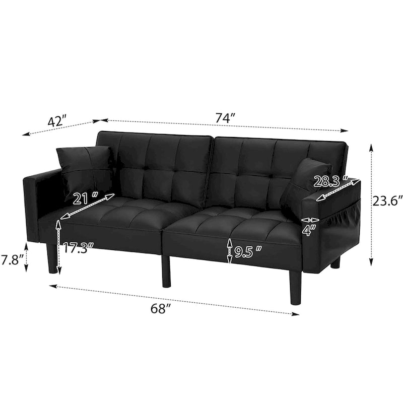 Canapé futon convertible avec dossier réglable, poches latérales et 2 oreillers